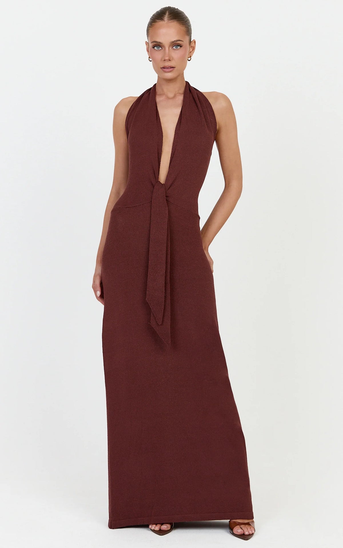 Florence Maxi Dress - Halterneck Tie Detail Knit Dress in Chocolate