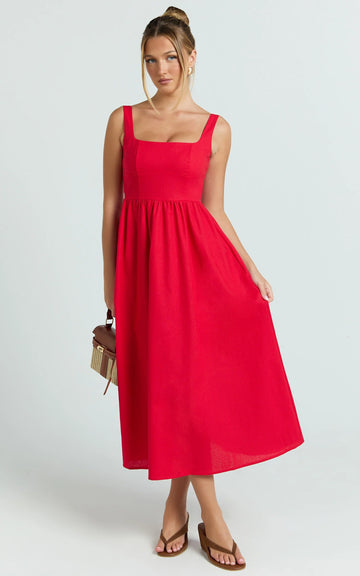 Khari Midi Dress - Linen Look Square A Line Dress in Red