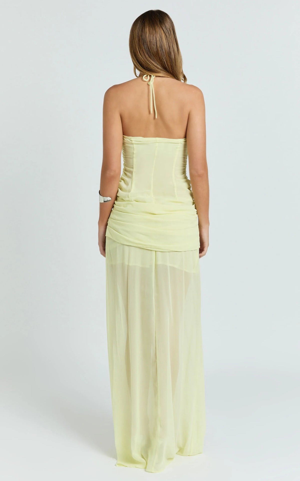 Hudgens Maxi Dress - Georgette Halter Draped Skirt Dress in Lemon