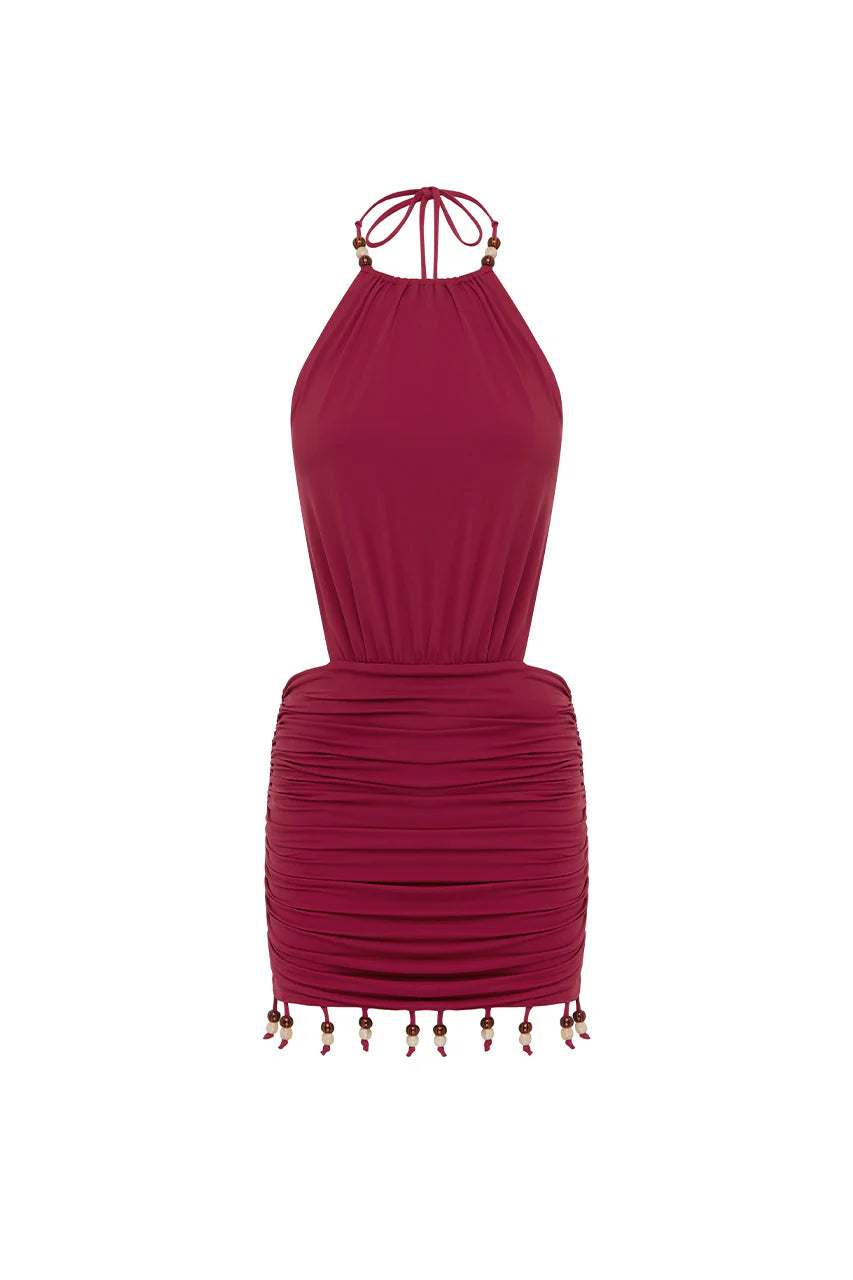 IMELDA HIGH NECK MINI DRESS - CHERRY