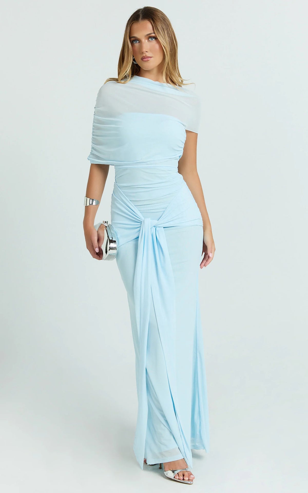Nicolette Maxi Dress - Cape Sleeve Off Shoulder Dress in Blue