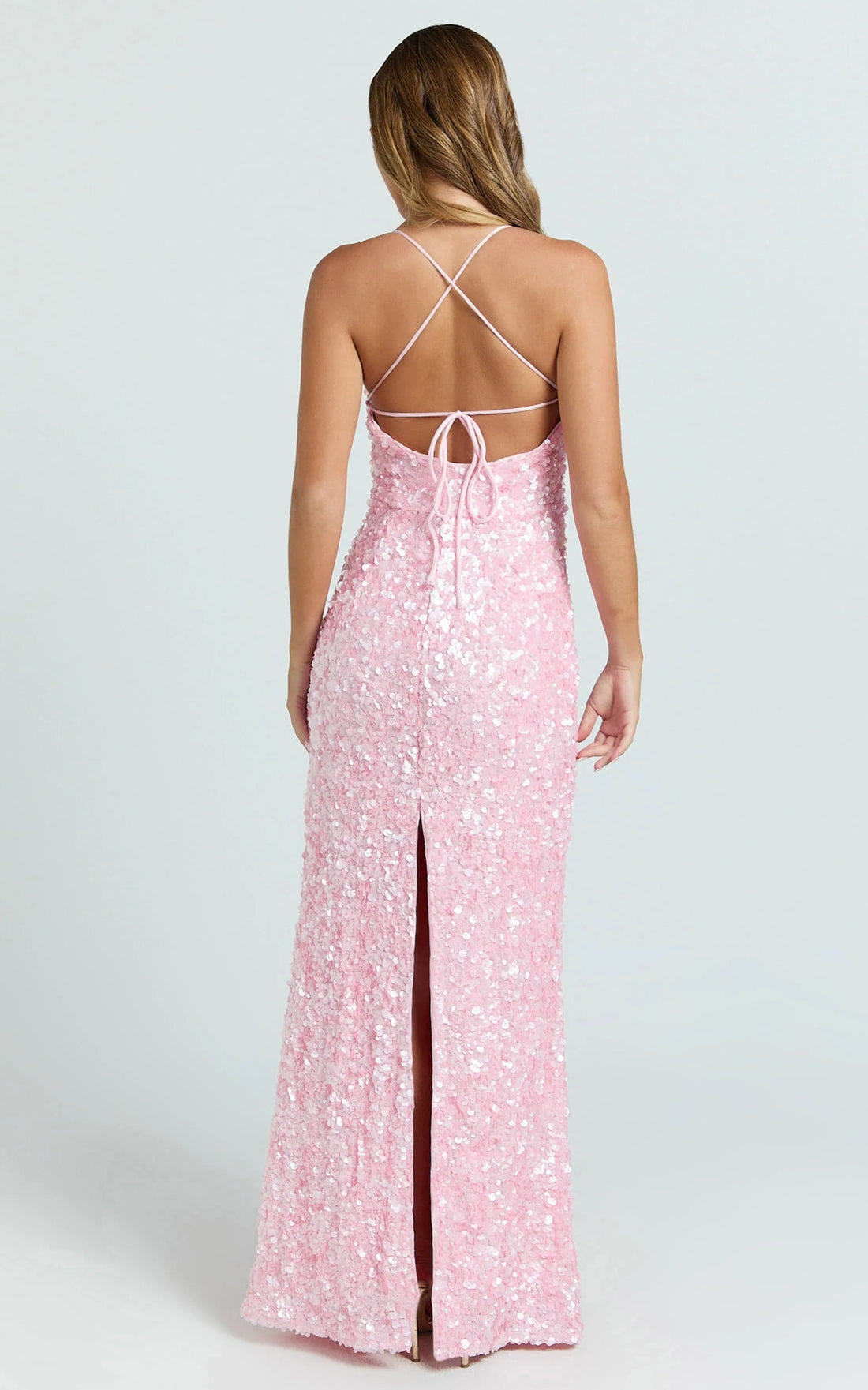 Clara Maxi Dress - Scoop Neck Tie Back Fitted Sequin Dress in Pink