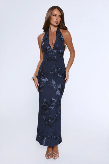 Lime Light Mesh Halter Maxi Dress Navy