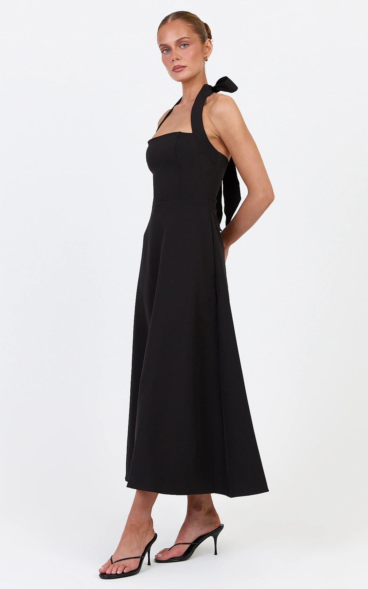 Karissa Midi Dress - Halter Neck Fit and Flare Midi Dress in Black