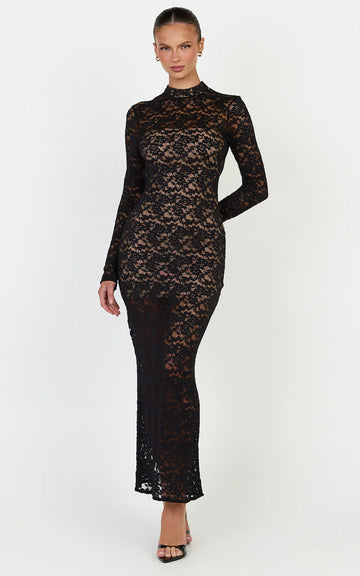 Emma Midi Dress - Long Sleeve Open Back Fitted Dress in Black