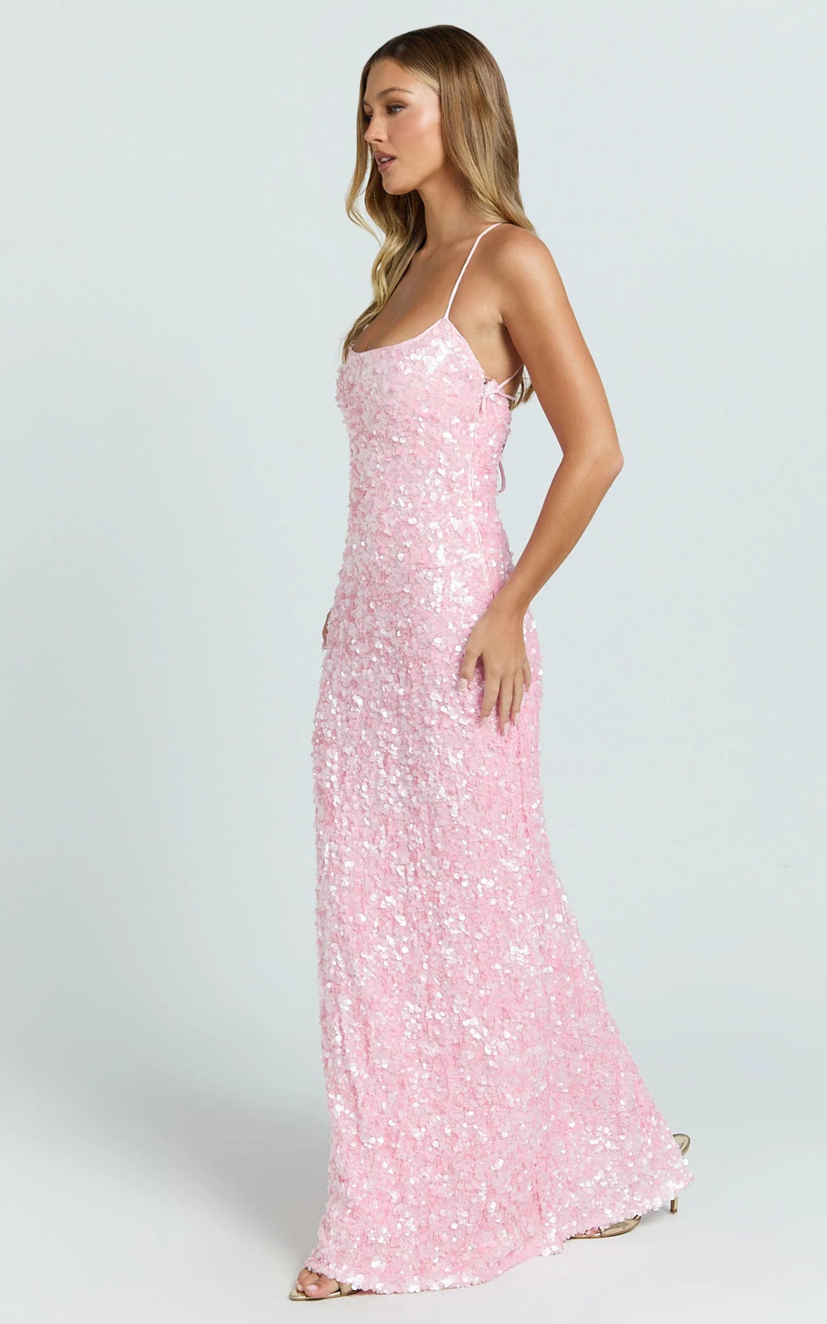Clara Maxi Dress - Scoop Neck Tie Back Fitted Sequin Dress in Pink