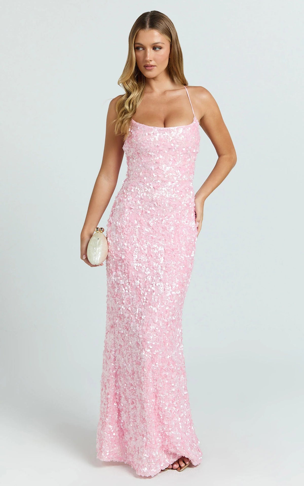 Clara Maxi Dress - Scoop Neck Tie Back Fitted Sequin Dress in Pink