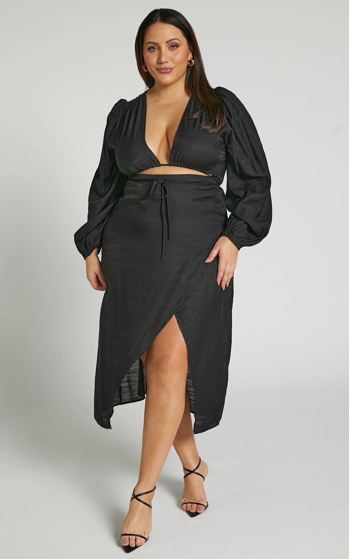 Demieh Midi Dress - Front Cut Out Long Sleeve Dress in Black