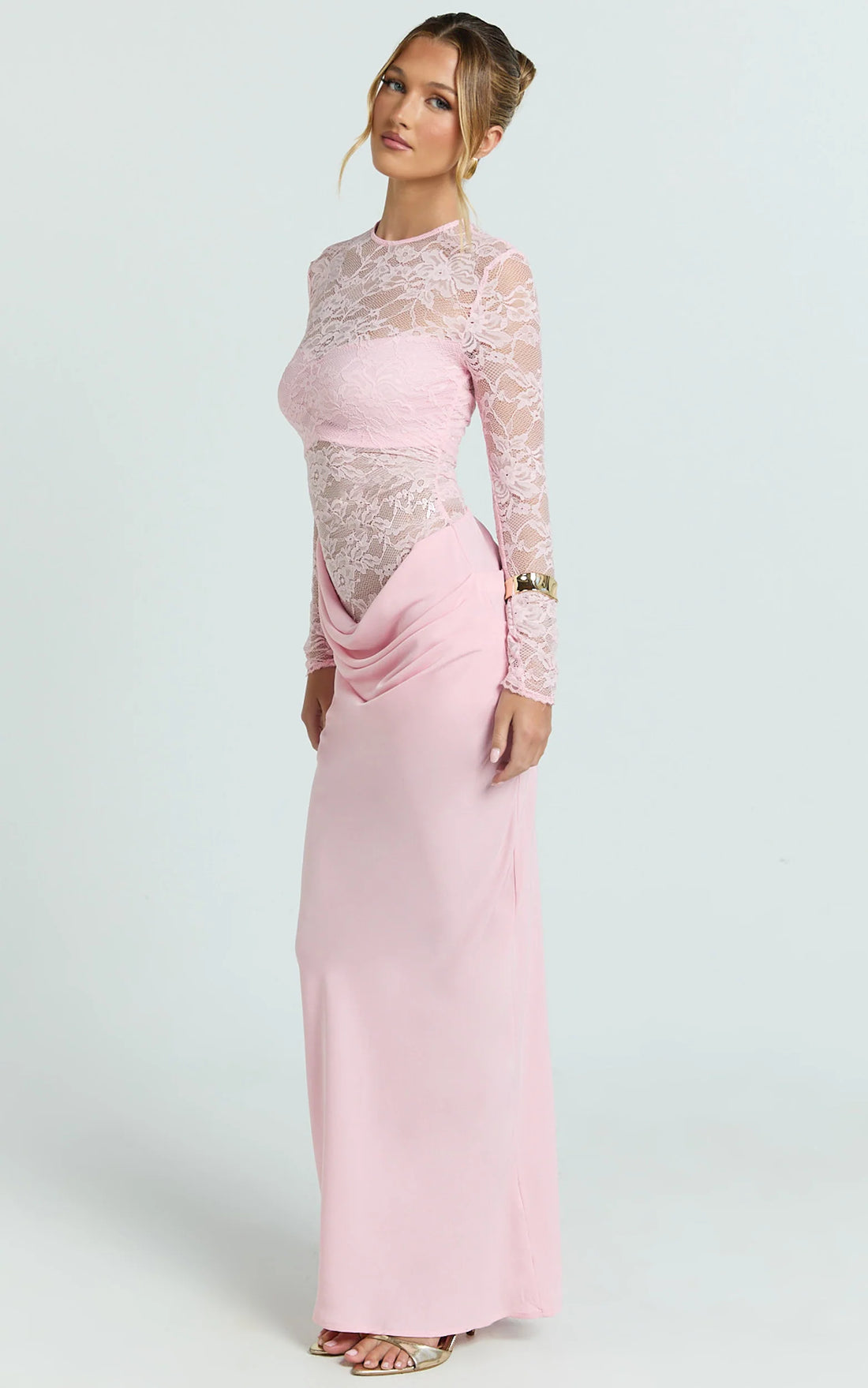 Crisanta Maxi Dress - Long Sleeve Contrast Lace Bodycon Dress in Pink
