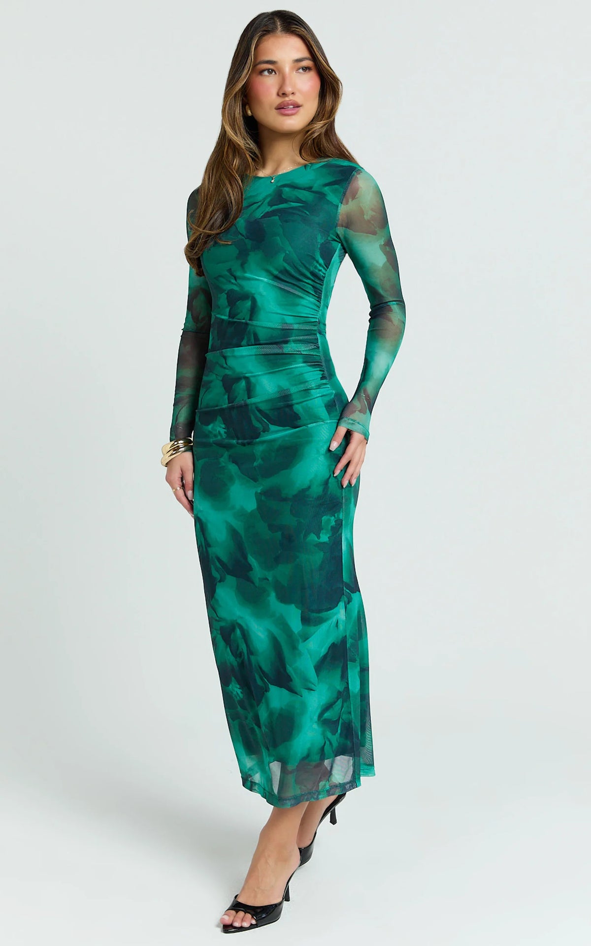 Zyra Midi Dress - High Neck Long Sleeve Mesh Dress in Green Blurred Print