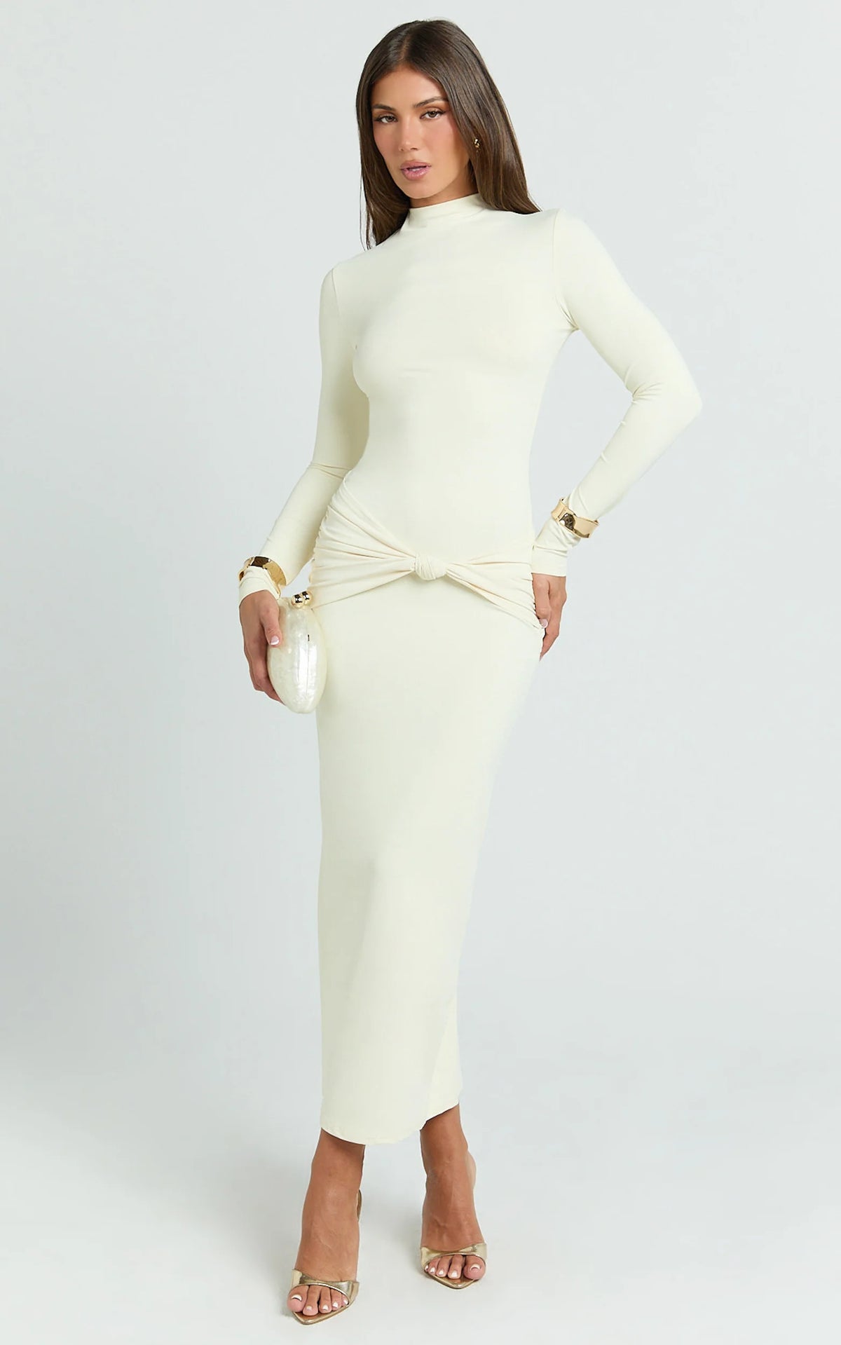 Amelita Midi Dress - Long Sleeve Knot Detail Dress in Cream