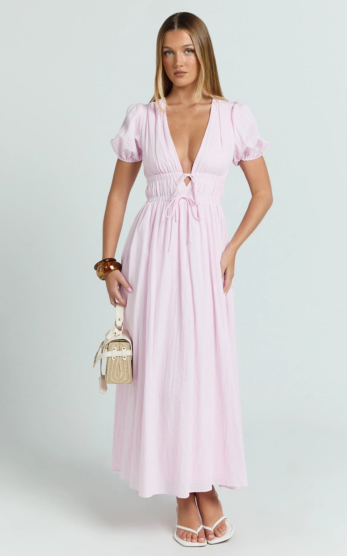Matteo Midi Dress - Deep V Neck Puff Sleeve Dress in Pink