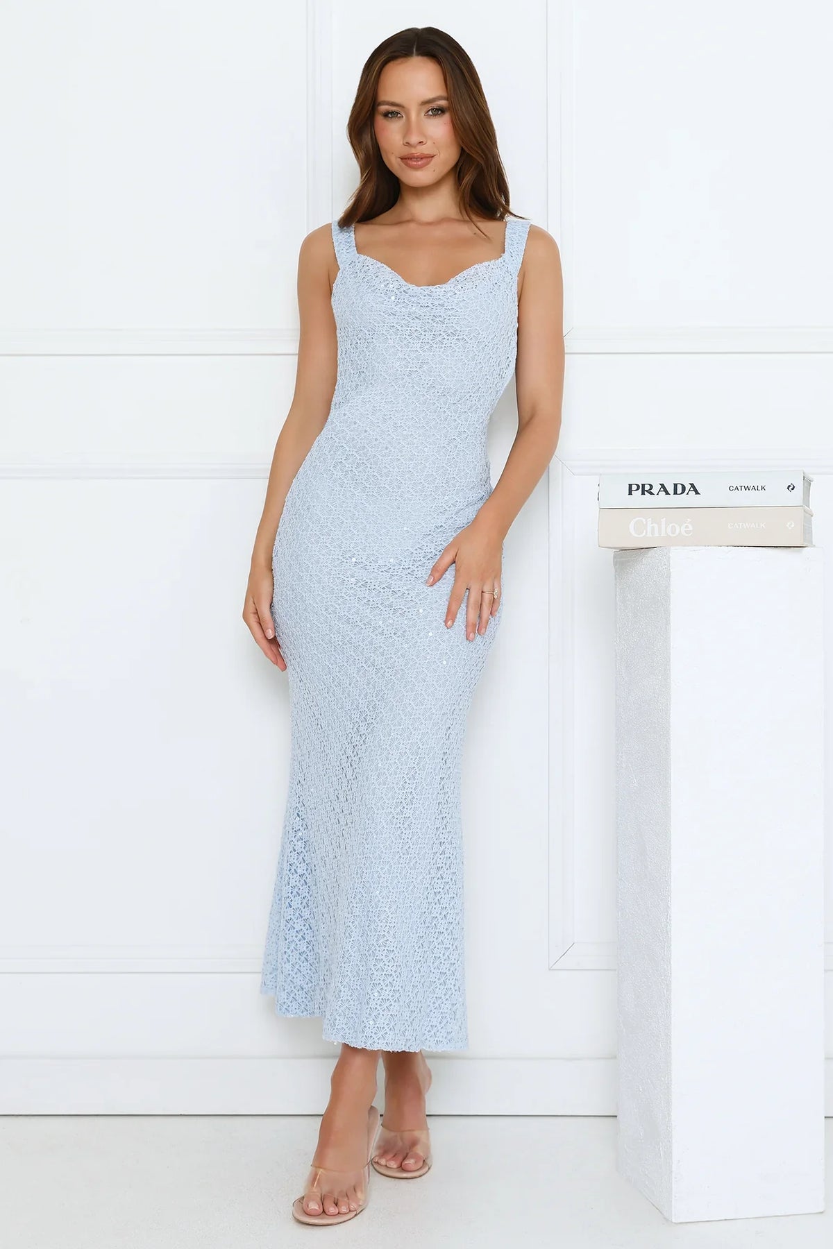 Luxe Siren Crochet Sequin Maxi Dress Blue