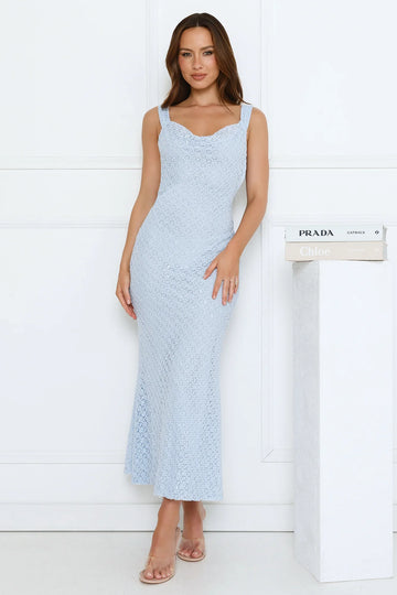Luxe Siren Crochet Sequin Maxi Dress Blue