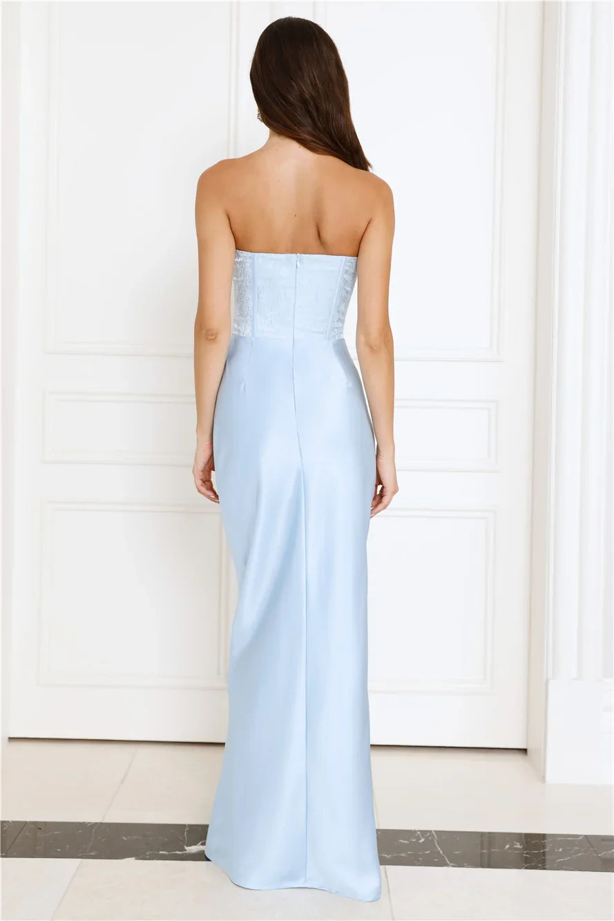 Dressed To Dazzle Strapless Satin Maxi Dress Blue