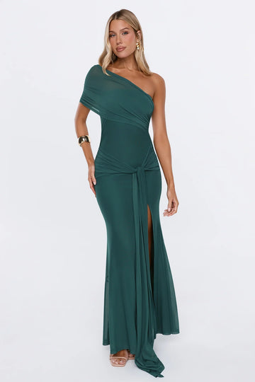 Rose And Moon One Shoulder Mesh Maxi Dress Teal
