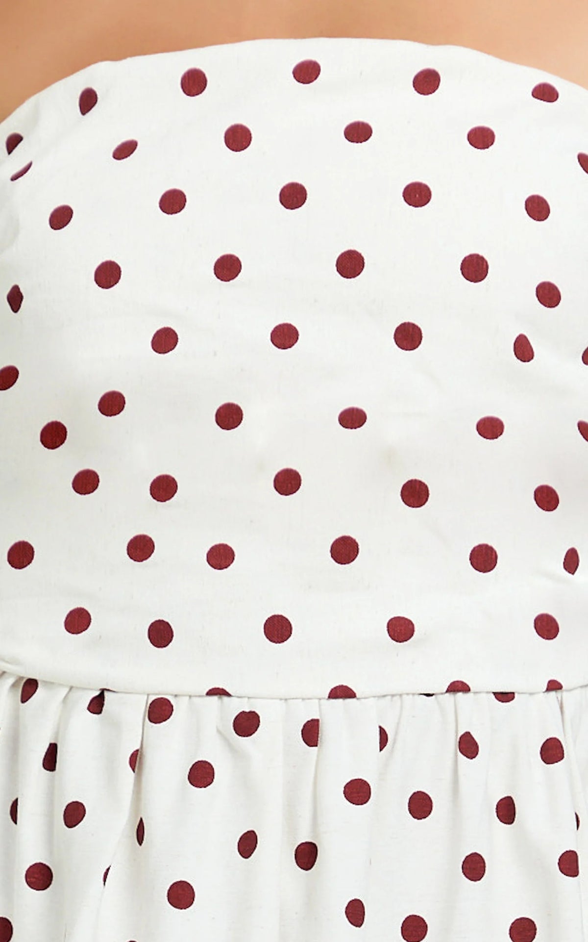 Polly Midi Dress - Strapless Ruched Dress in Red Polka Dot