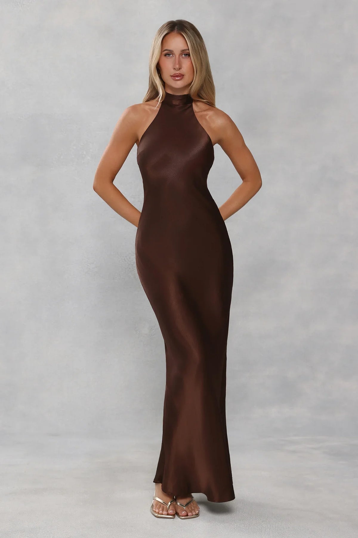 The Cleo Halter Satin Maxi Dress Chocolate Brown