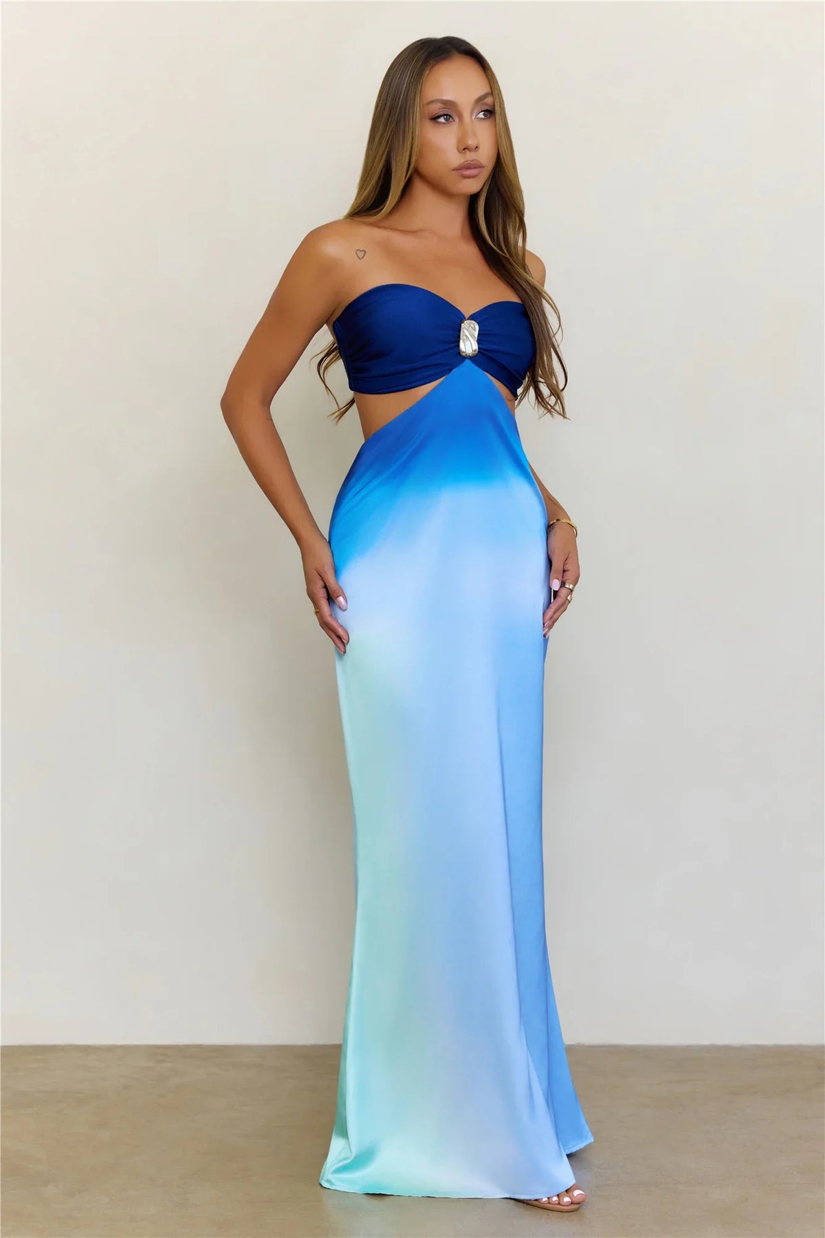 Shifting Tides Satin Ombre Strapless Maxi Dress Blue