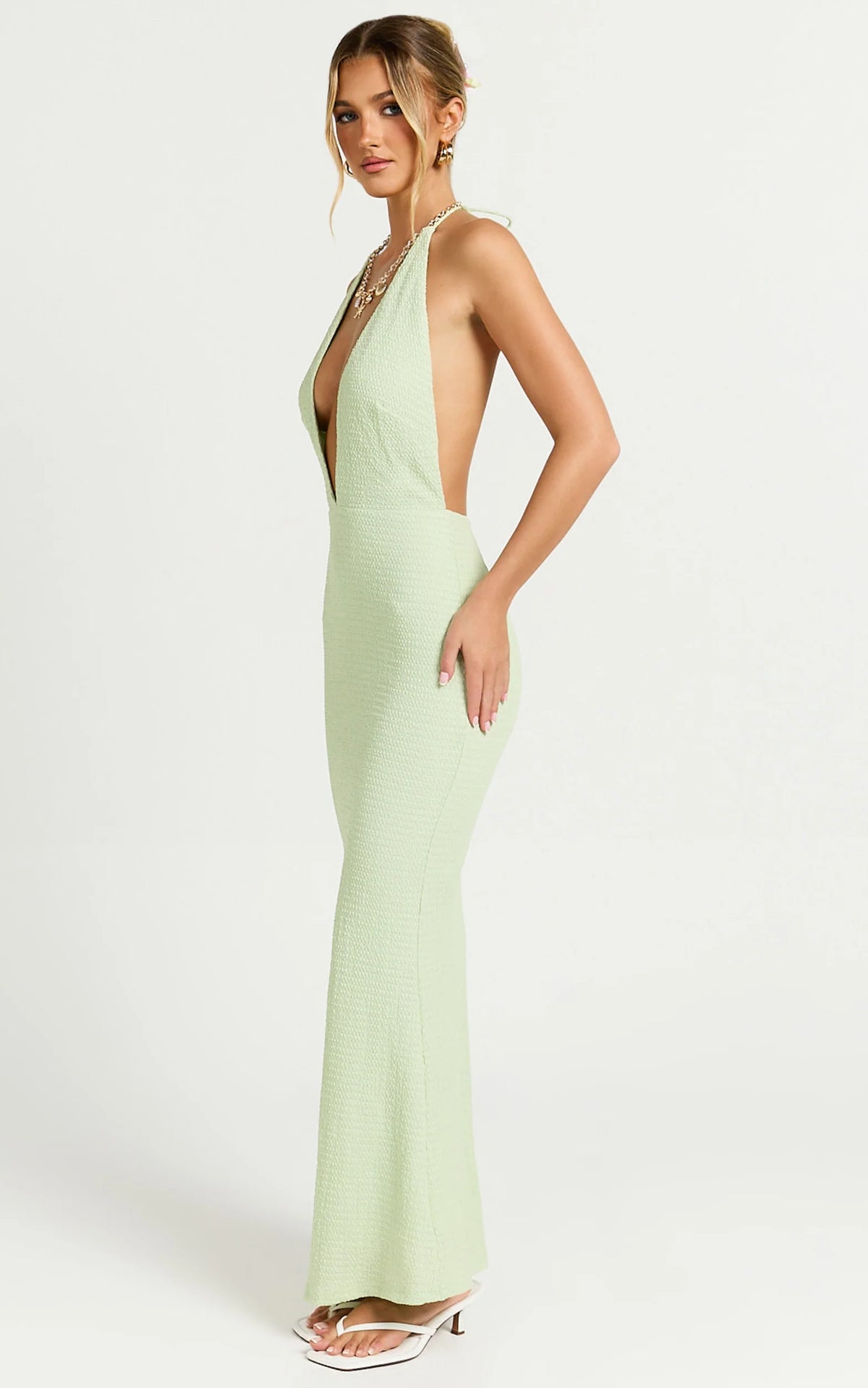 Ada Maxi Dress - Halter Plunge Textured Jersey Open Back Dress in Green