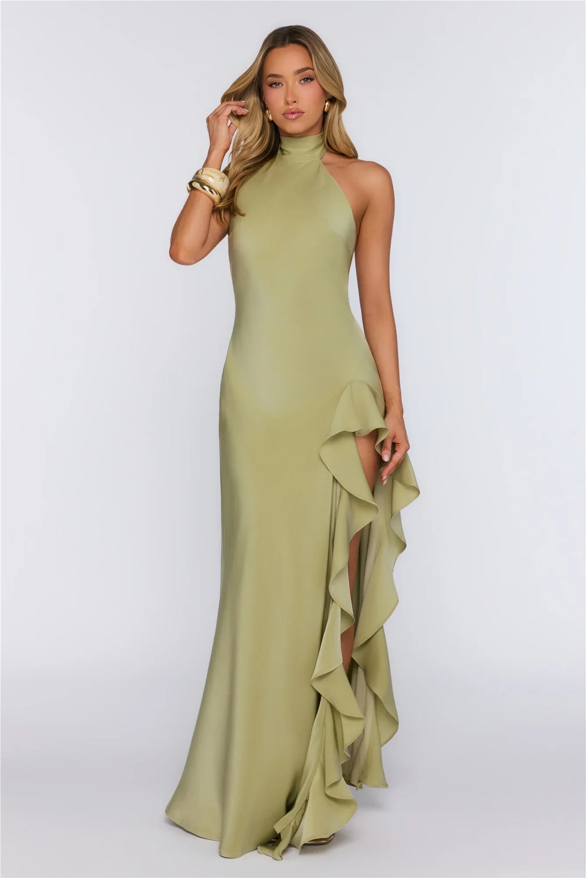 Dreamlight Halter Satin Maxi Dress Khaki