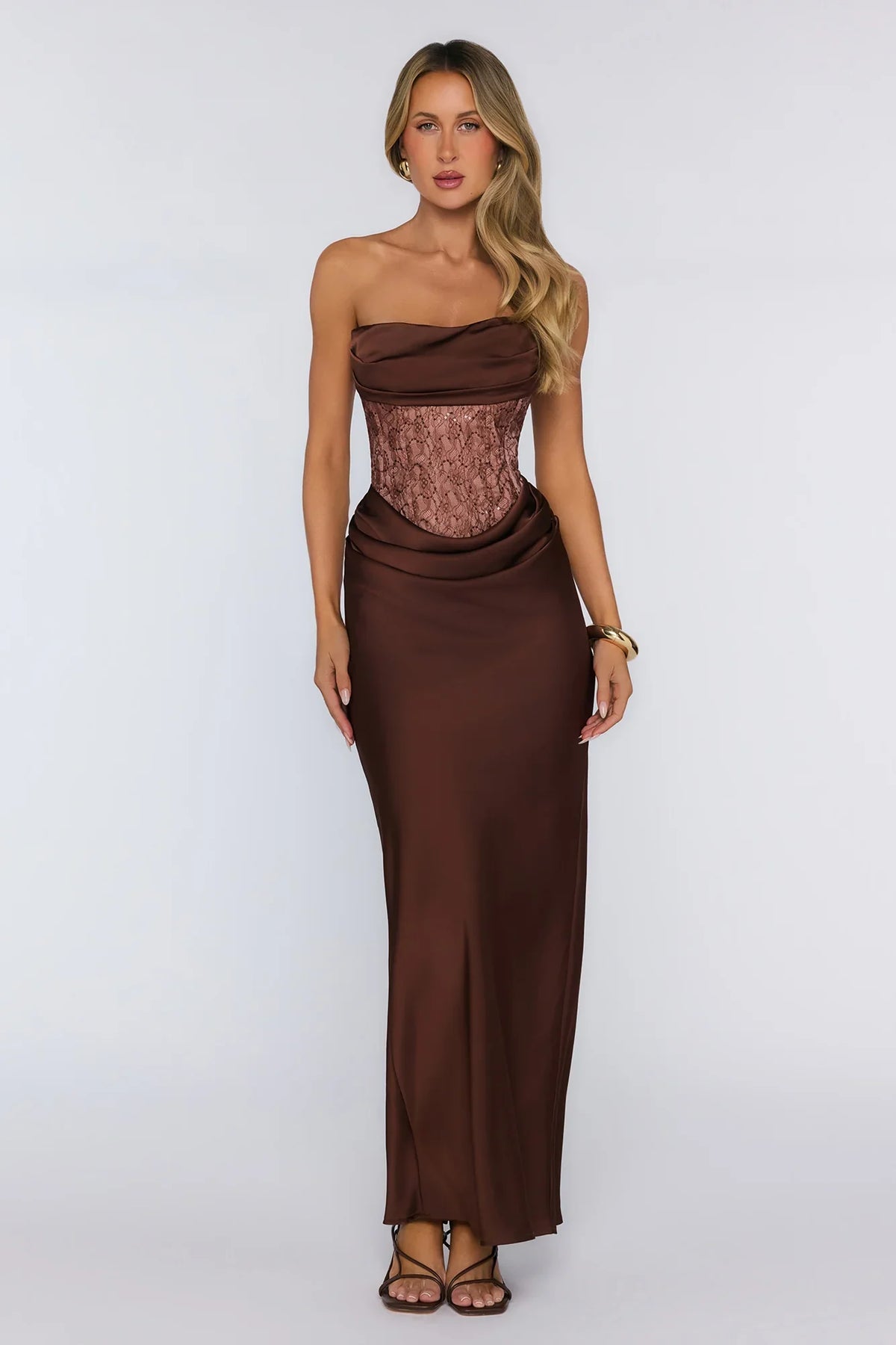 Wave Of Love Strapless Lace Satin Maxi Dress Chocolate