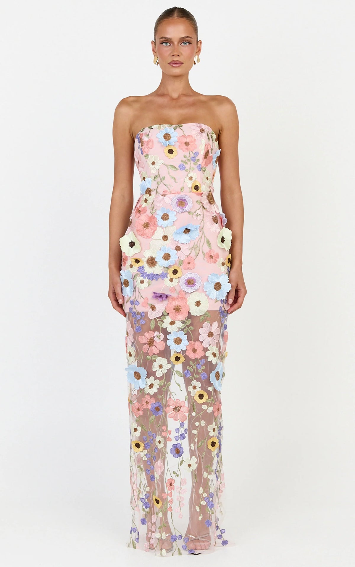 Sienna Maxi Dress - 3D Floral Strapless Column Dress in Multi