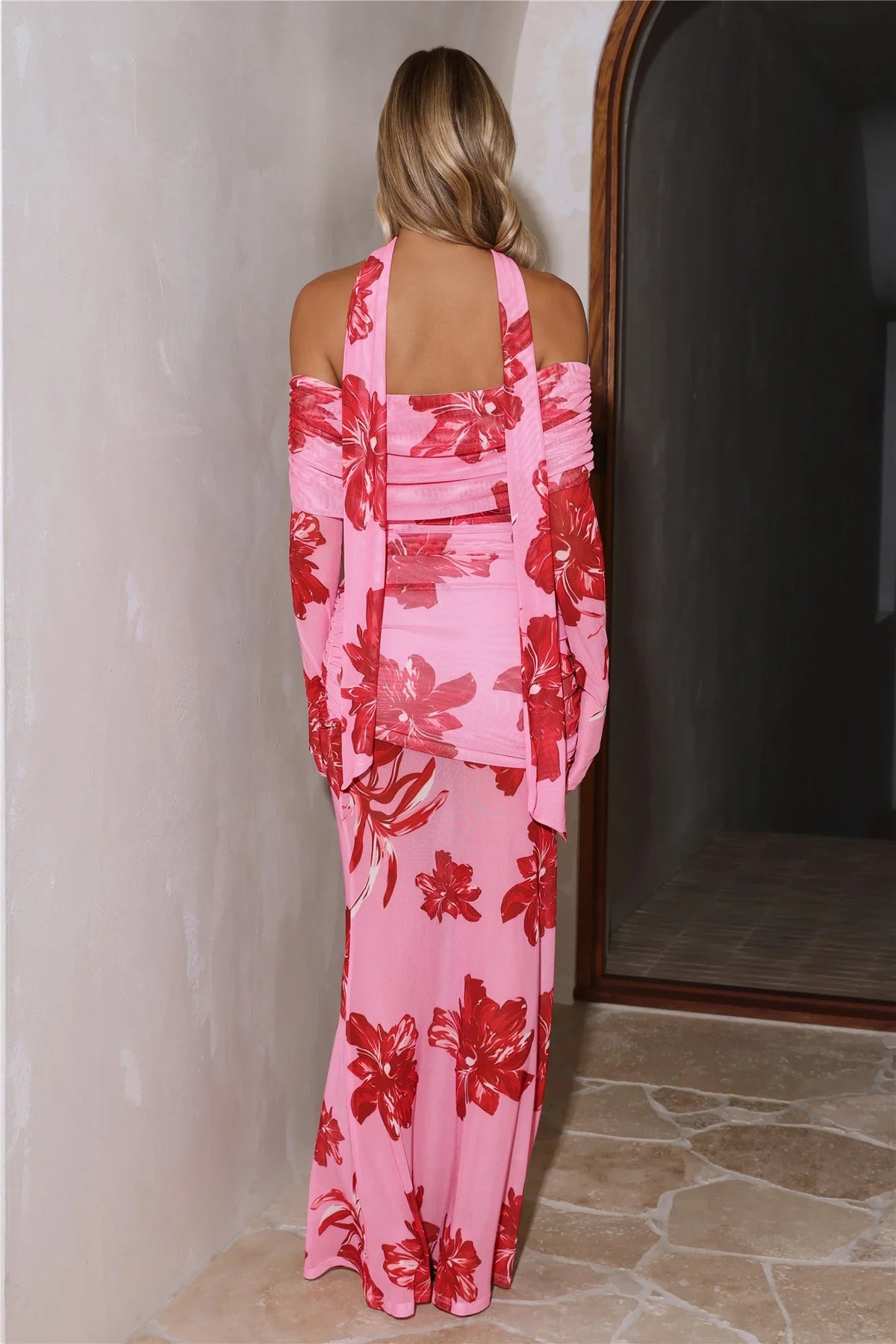 Bloom Reverie Mesh Off Shoulder Long Sleeve Maxi Dress Pink