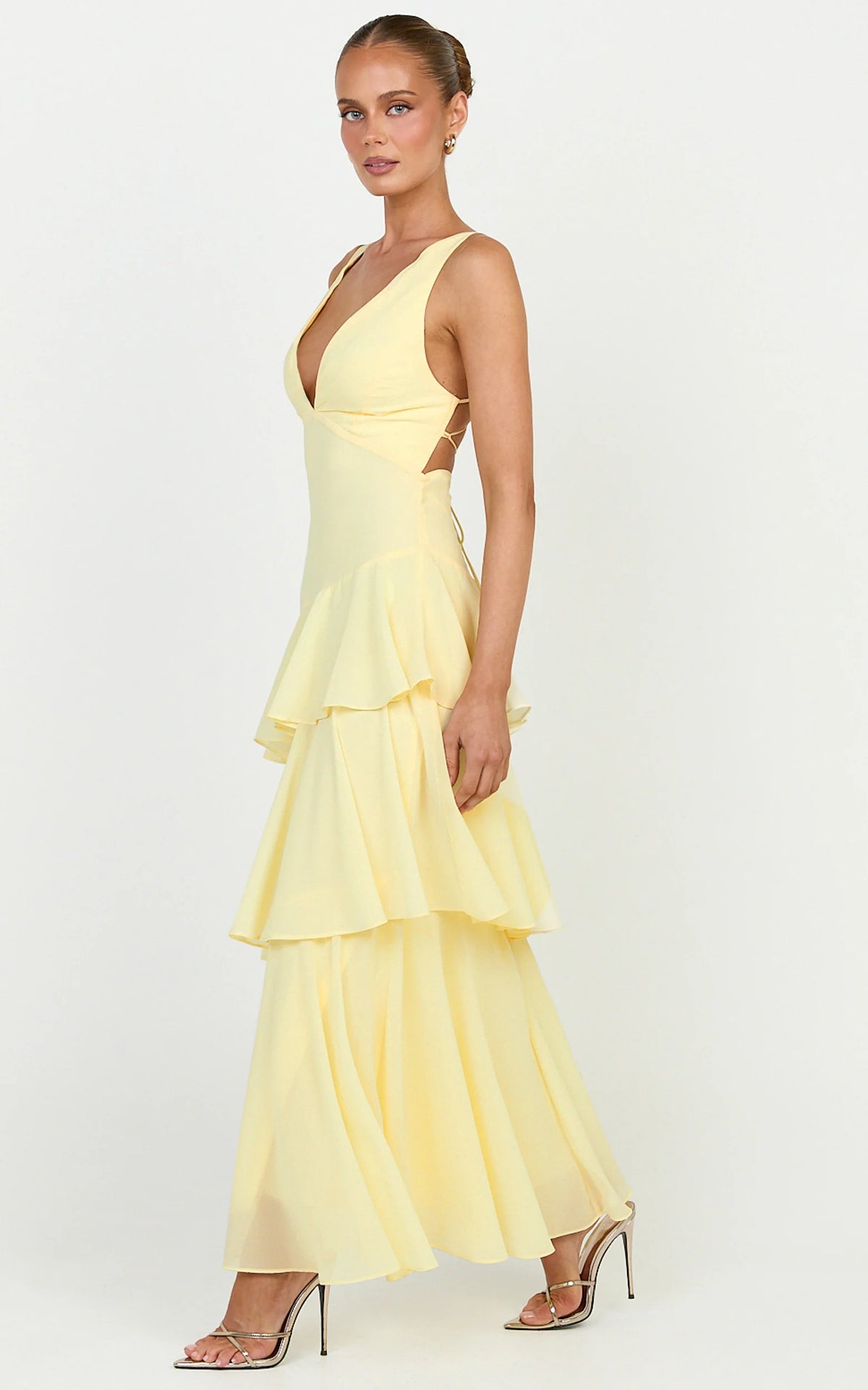 Beryl Midi Dress - Deep V Neck Sleeveless Layered Dress in Lemon