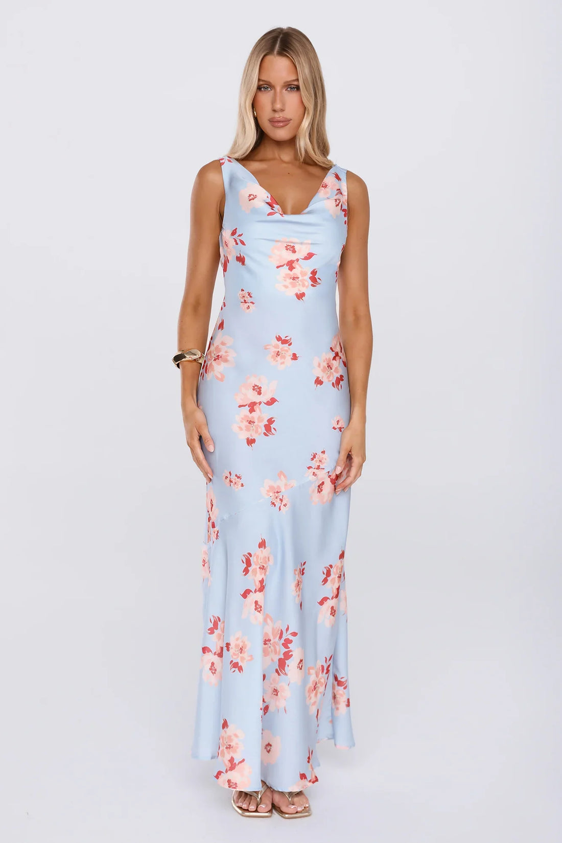 Elegant Garden Satin Cowl Neck Maxi Dress Blue