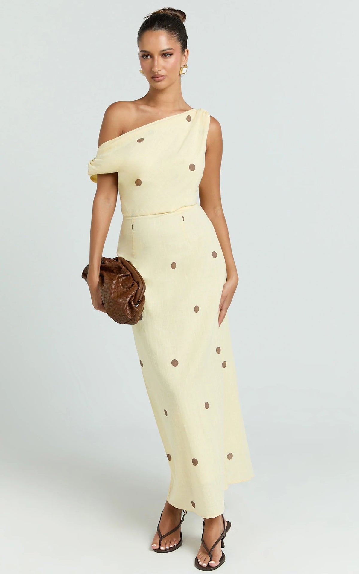 Cia Midi Dress - One Shoulder Dress in Yellow Choc Polka Dot