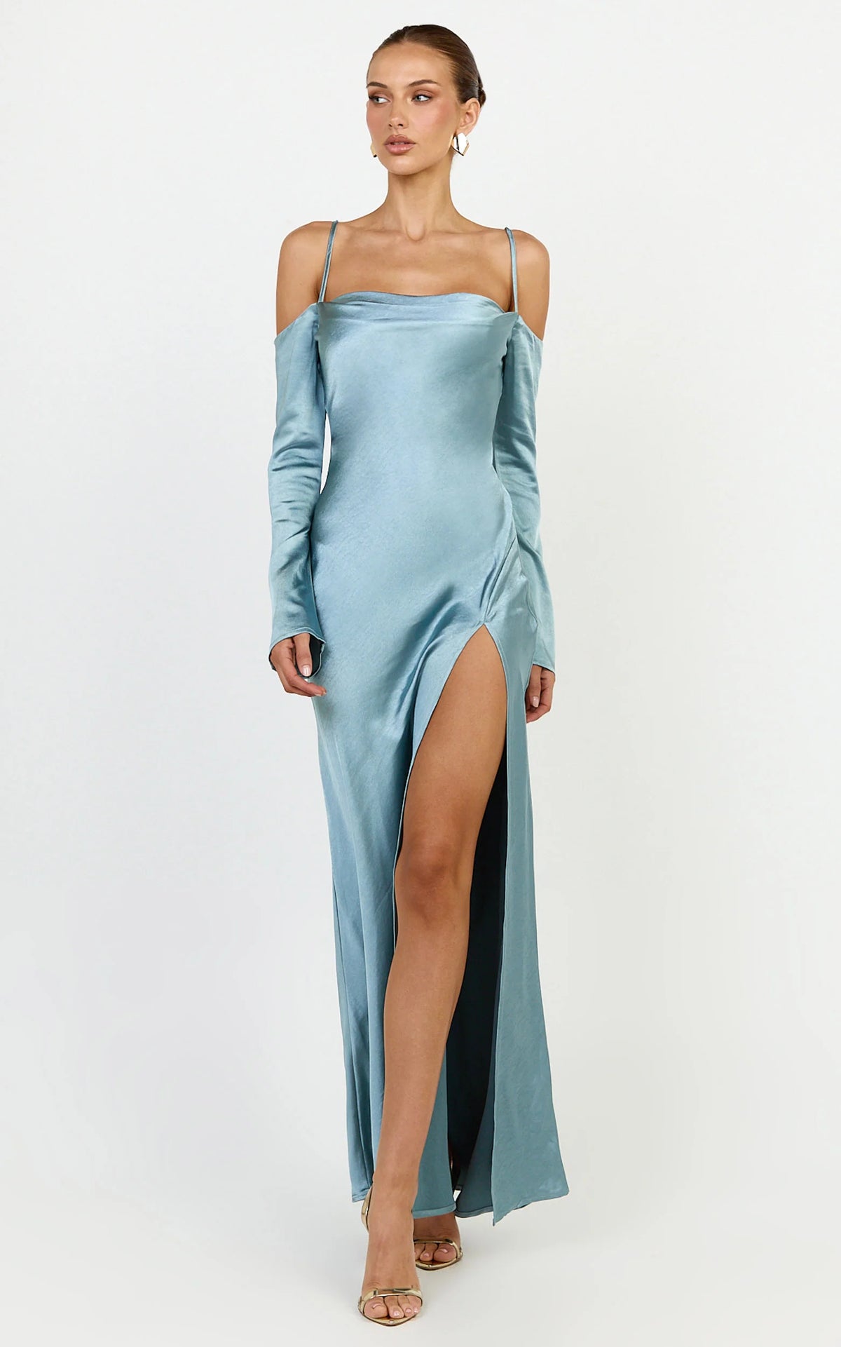 Isabella Maxi Dress - Off Shoulder Long Sleeve Satin Dress in Blue