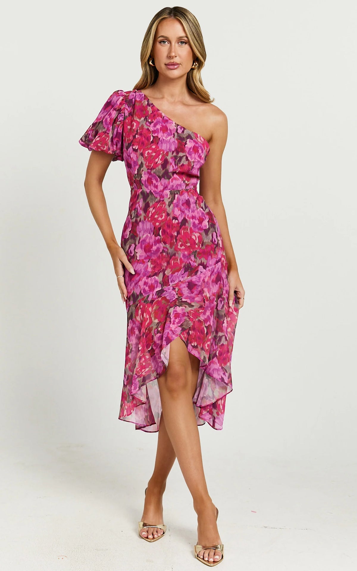Clabelle Midi Dress - One Shoulder Ruffle Tulip Hem Dress in Violette Blur Floral