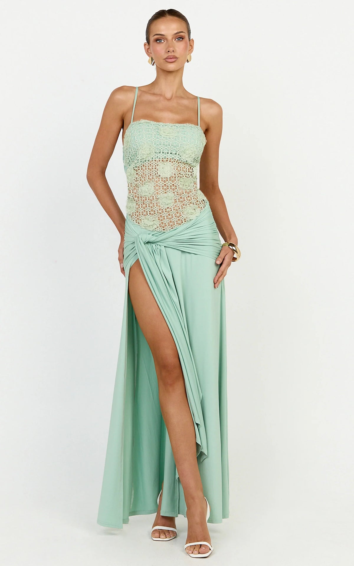 Nerissa Maxi Dress - Crochet Floral Embellished Bodice Drop Tie Waist Dress in Sage