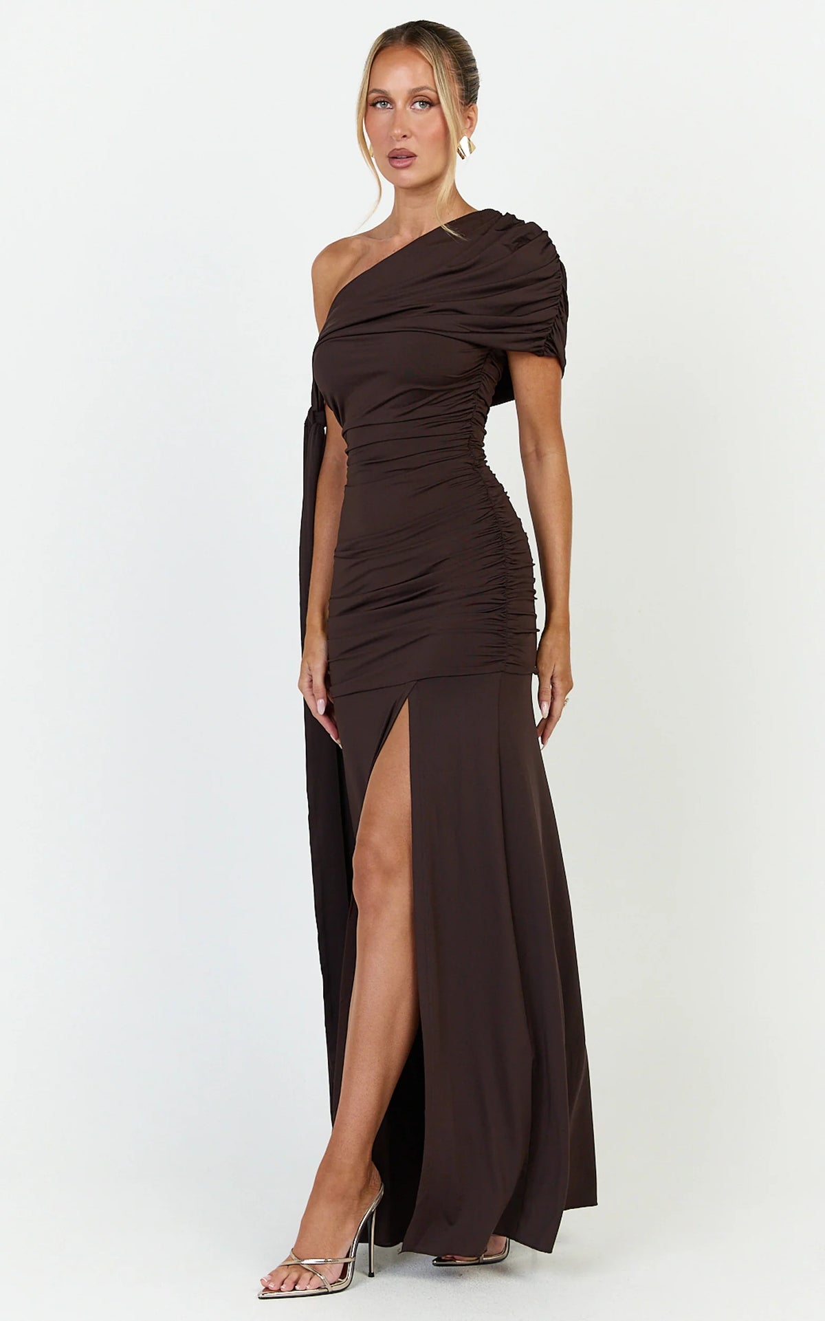 Bree Maxi Dress - Cape Tie Off Shoulder Fit And Flare Dress in Chocolate