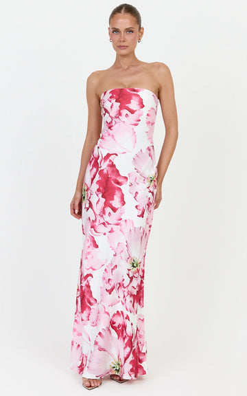 Alessia Maxi Dress - Strapless Fitted Dress in Poppy On White Print
