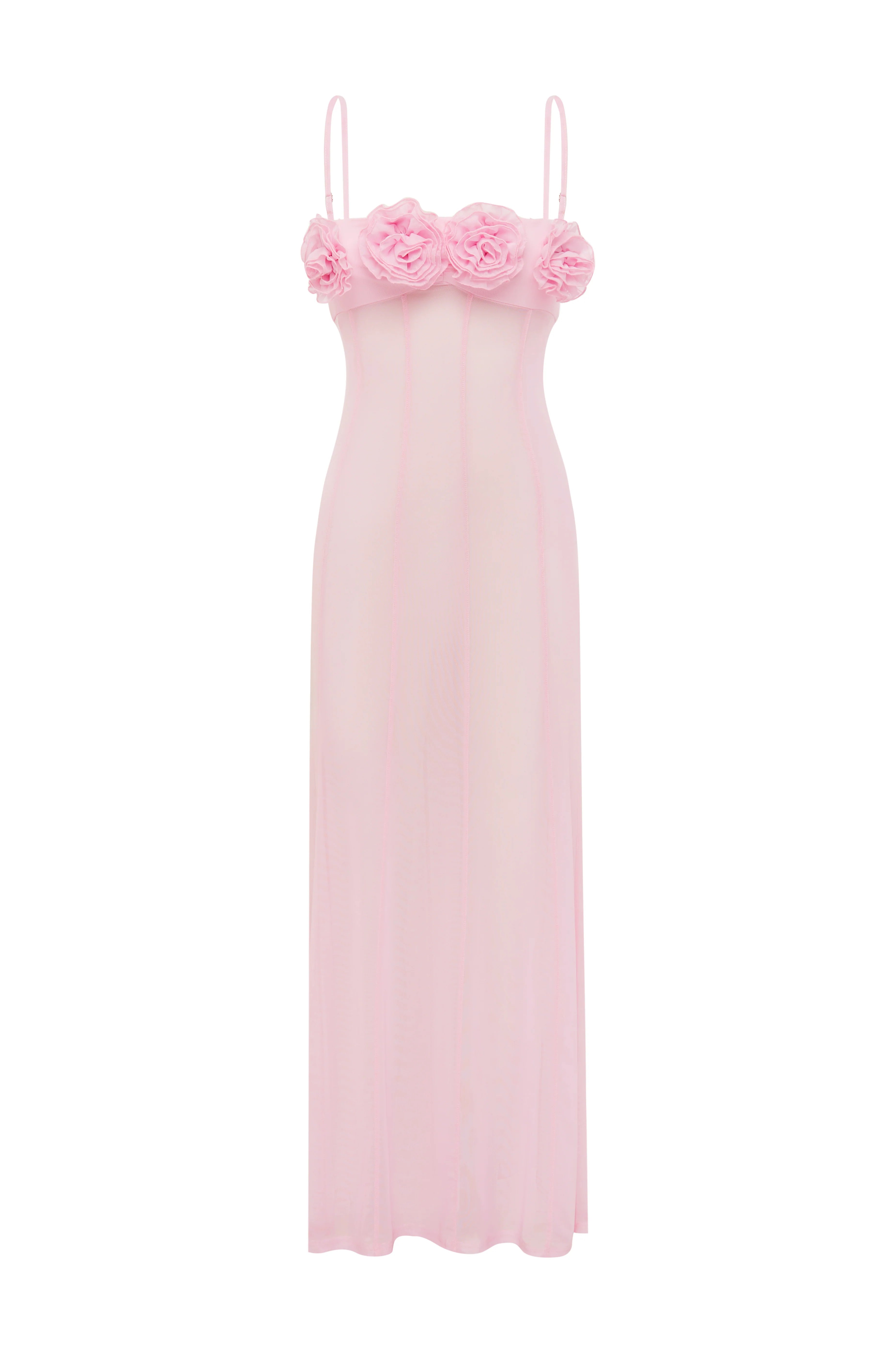 DEMI SHEER FLOWER TRIM MAXI DRESS - MUSK