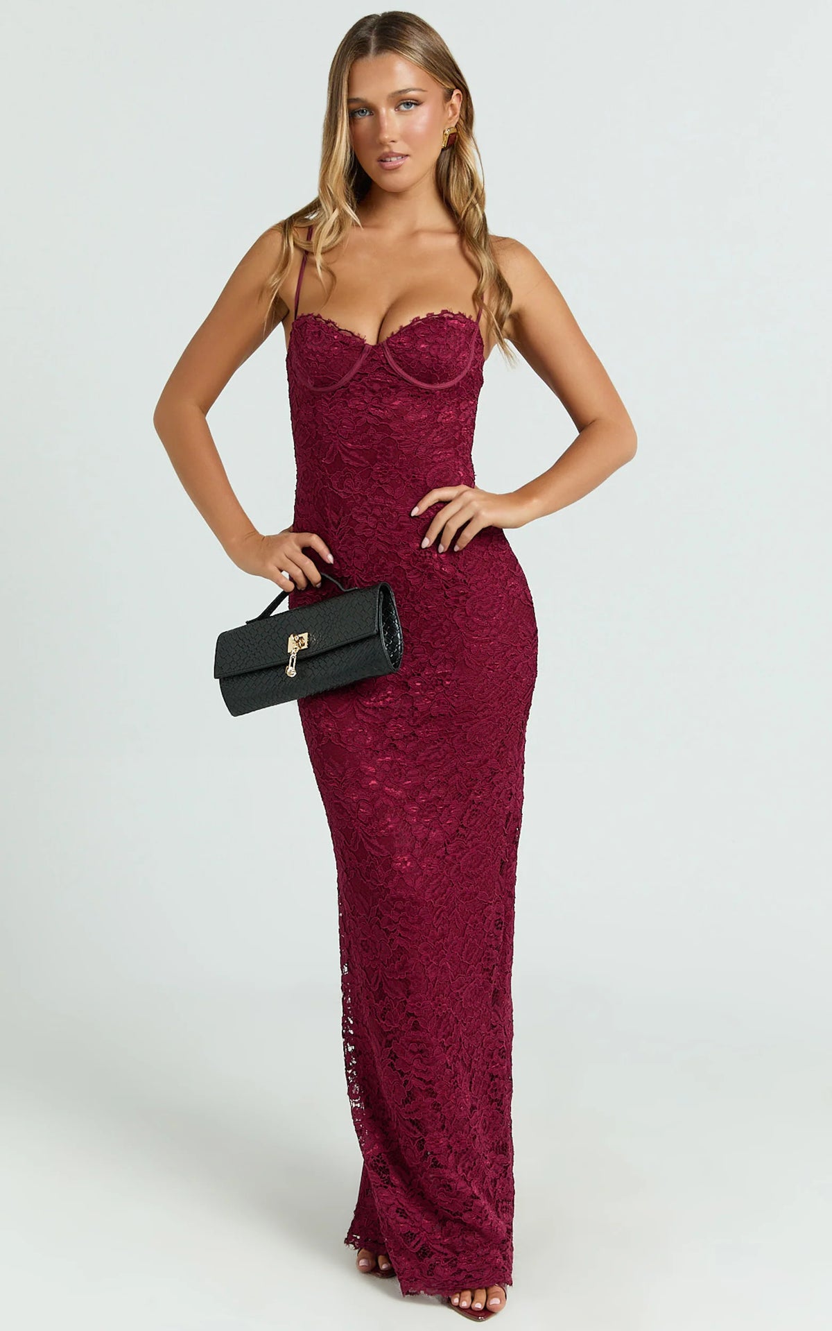 Carli Maxi Dress - Adjustable Strap Corset Bodycon Lace Dress in Wine