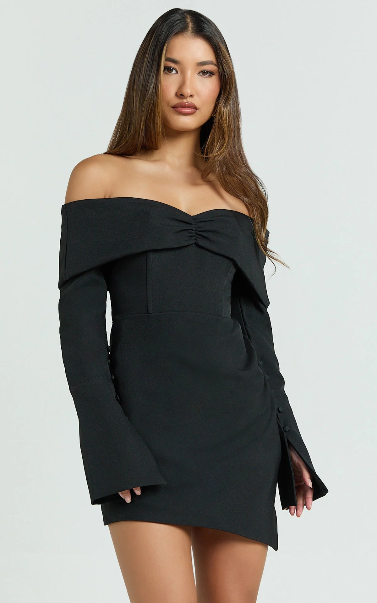 Cyrus Mini Dress - Off Shoulder Long Sleeve Fit And Flare Dress in Black