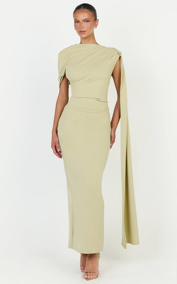 Visenta Midi Dress - Asymmetrical Sleeve Dress in Sage