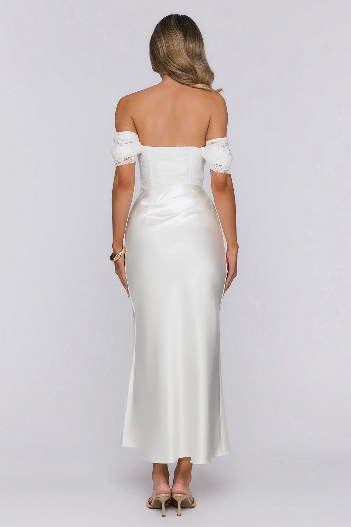 Love Looks Good Lace Satin Off Shoulder Maxi Dress White