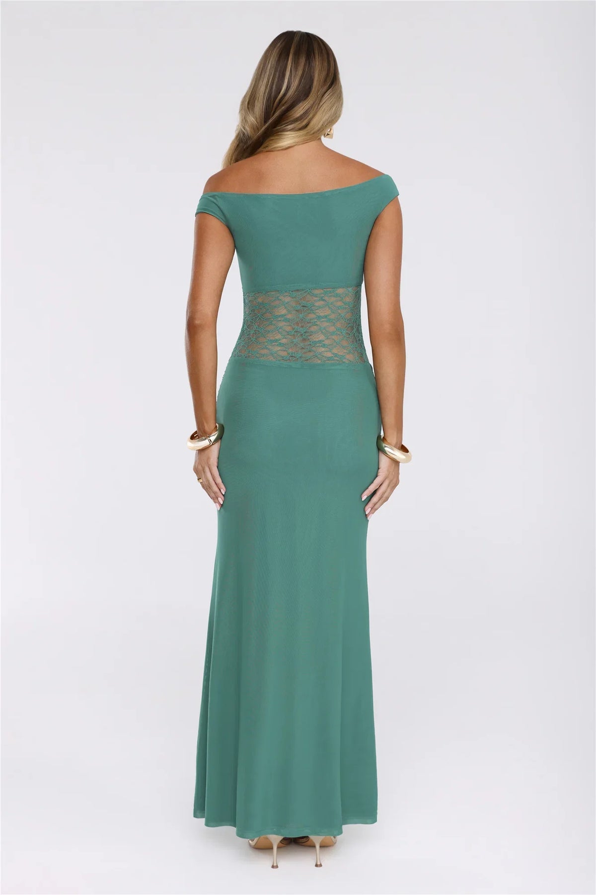 Grace Notes Off Shoulder Mesh Maxi Dress Teal