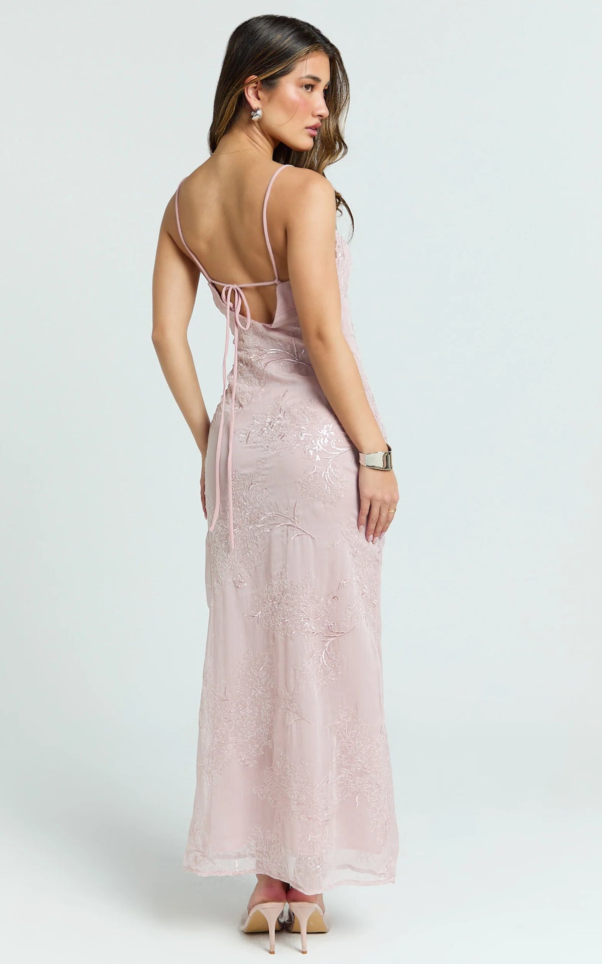 Elysia Midi Dress - Sequin Straight Neck Tie Back Dress in Pale Pink