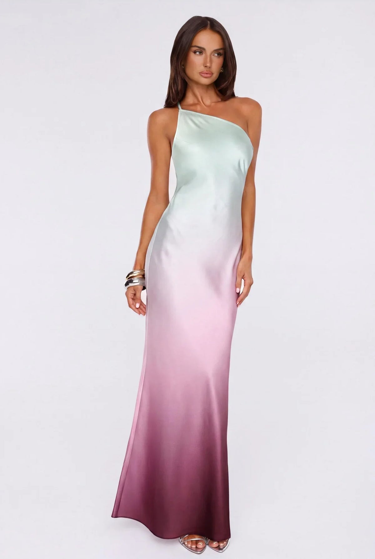 Glowing Spell One Shoulder Satin Maxi Dress Ombre