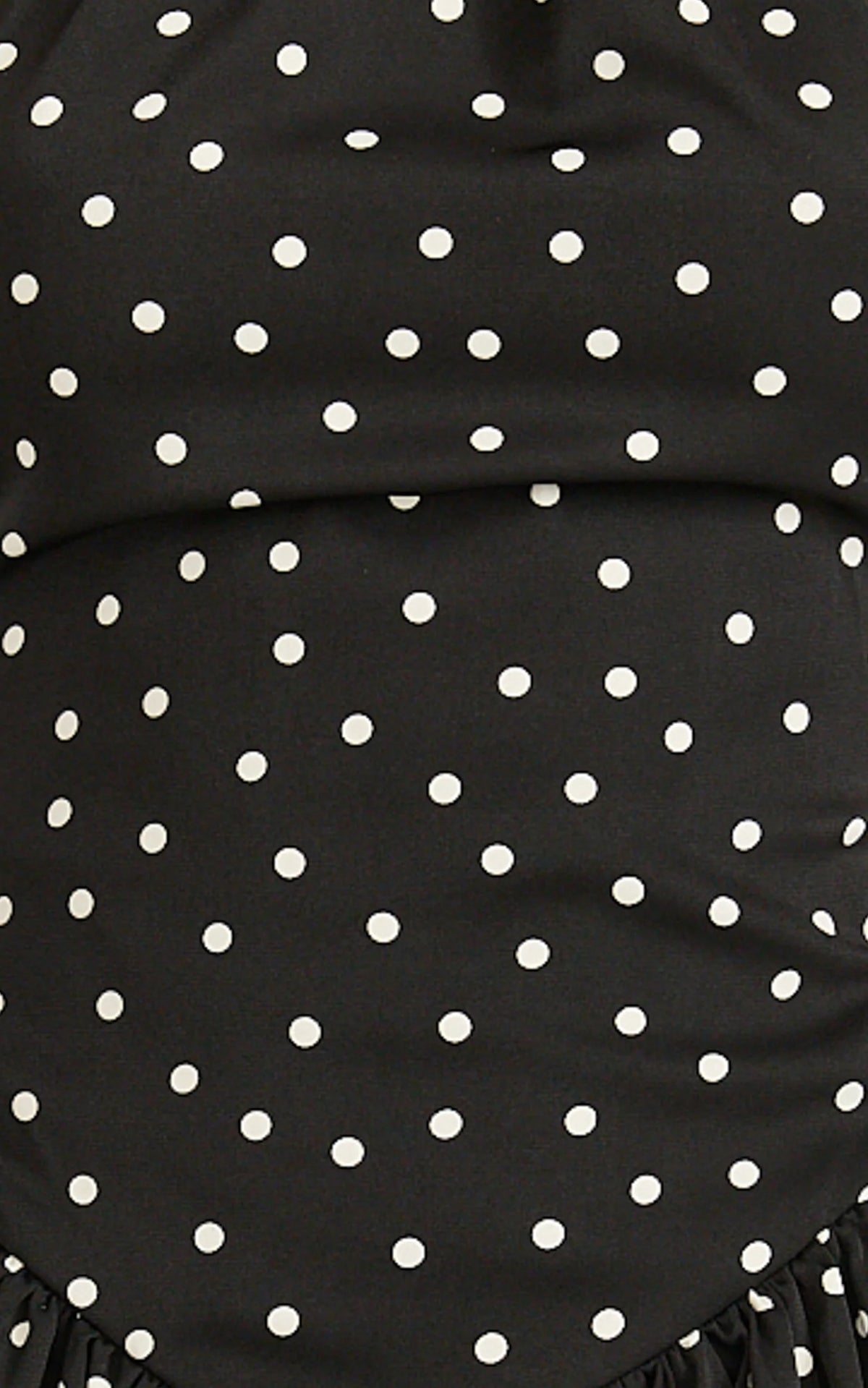 Ruby Mini Dress - Halter Neck Tie Drop V Waist  Gathered Dress in Black Polka Dot Print