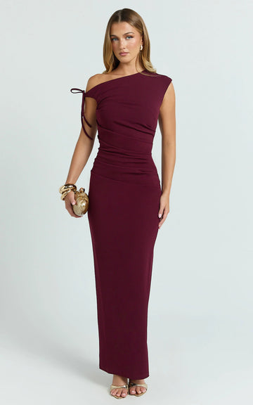 Belle Maxi Dress - Tie Shoulder Detail Dress in Wine