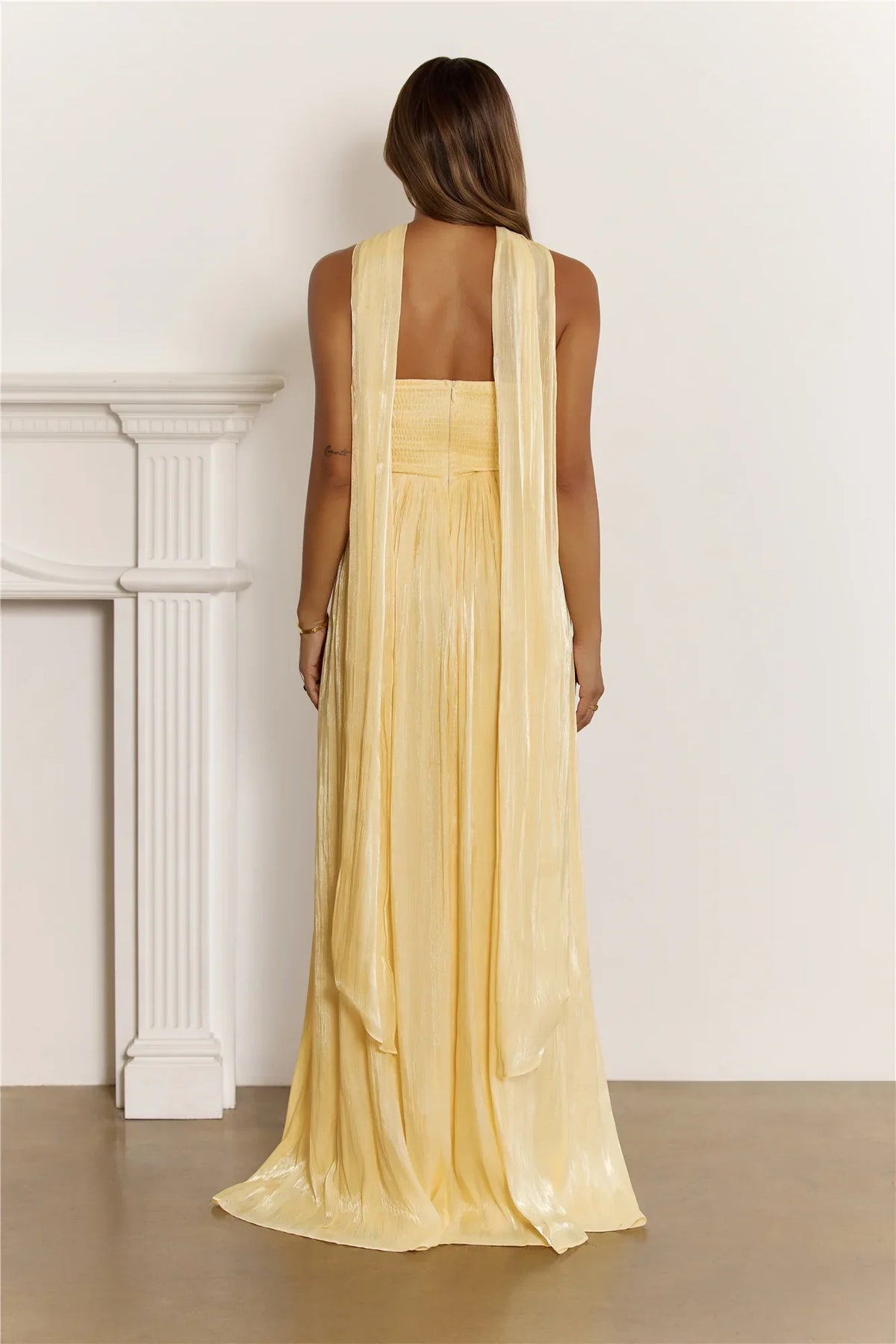 Shimmering Goddess Strapless Maxi Dress Yellow