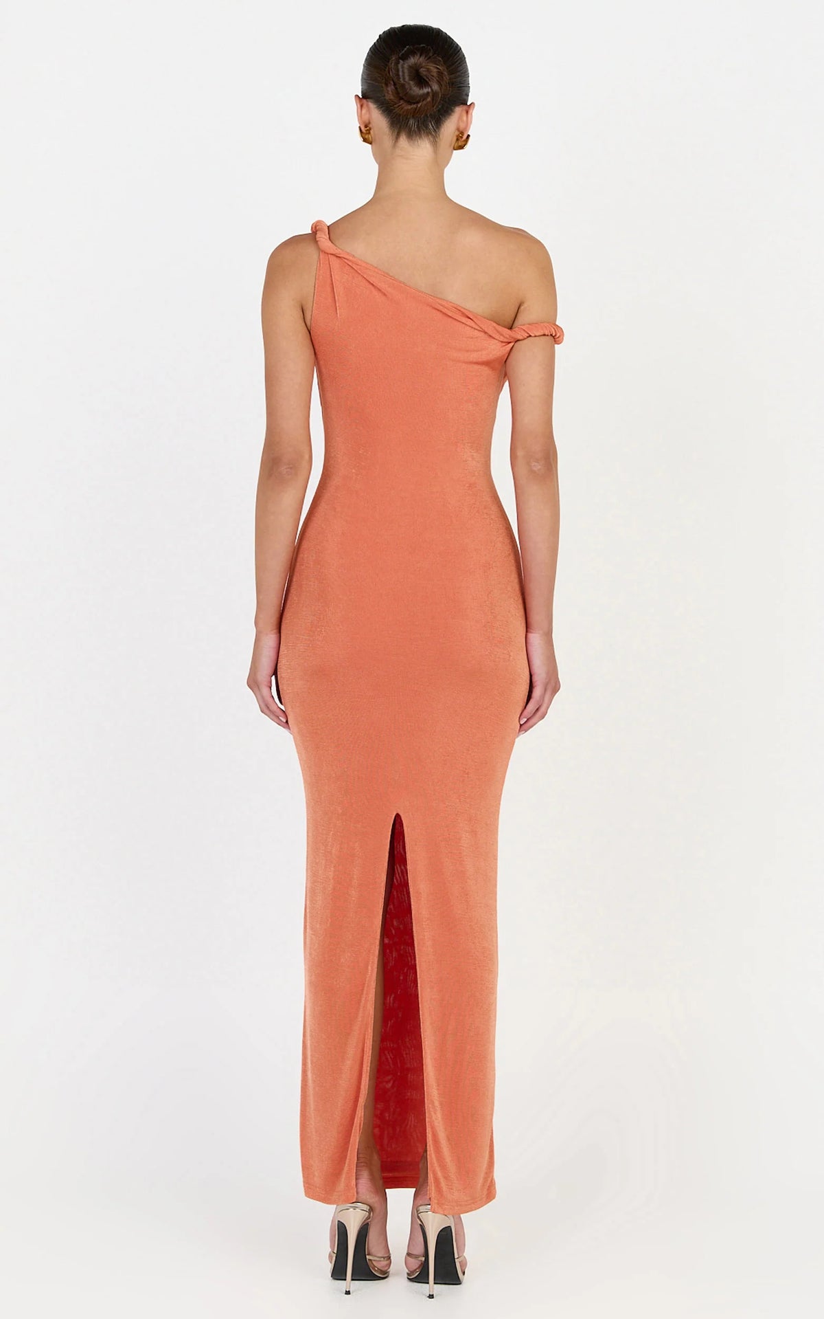 Isabel Midi Dress - Twist Off Shoulder Bodycon Dress in Coral