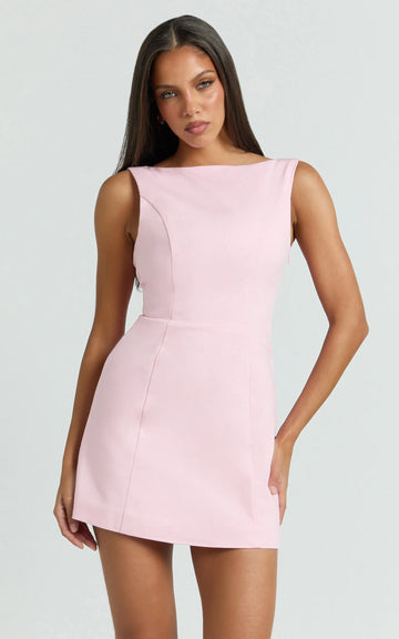 Windsor Mini Dress - Line Skirt Back Bow Dress in Pale Pink