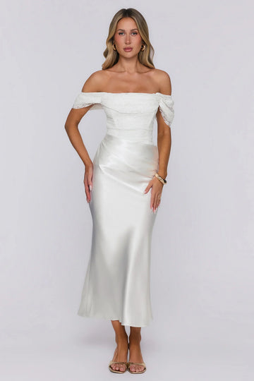 Love Looks Good Lace Satin Off Shoulder Maxi Dress White